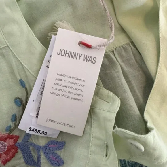 Johnny Was Green Shirred Yolk Kamiko Blouse Shirt Top Embroidered Floral Size L - Picture 4 of 7